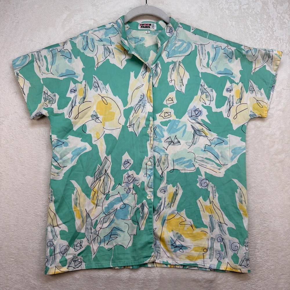 Vintage Floral Art Print Blouse West Germany Retro Button Up Shirt Women Medium